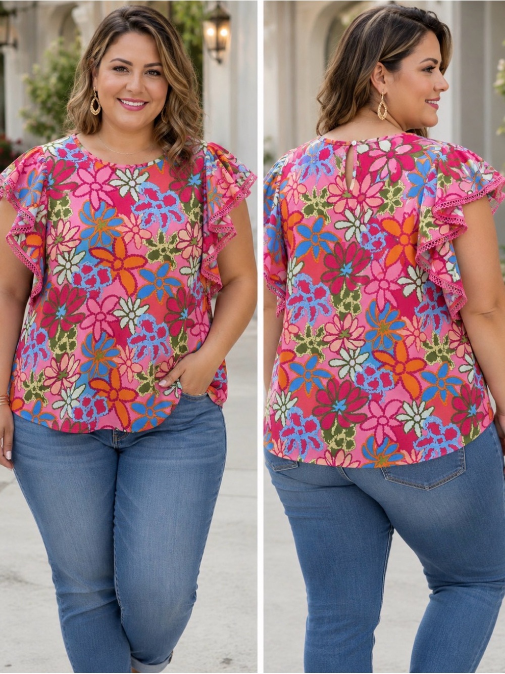 SHEIN Bright Pink Multicolor Floral Flutter Sleeve Top